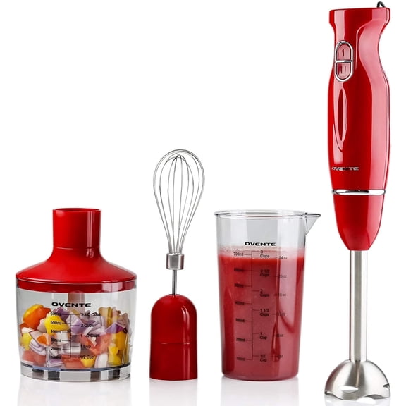 OVENTE Immersion Electric Hand Blender 300 Watt Power 2 Mix Speed with Stainless Steel Blades, Handheld Stick Mixer Set with Egg Whisk Attachment Mixing Beaker and BPA-Free Food Chopper, Red HS565R
