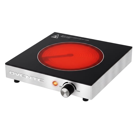 OVENTE Infrared Ceramic Single Burner, 1200W Hot Plate, Black BGI301GB, Crystalline Glass, Portable Stainless Steel Cooktop for Home, Office, or Dorm Use, Non-Slip Feet