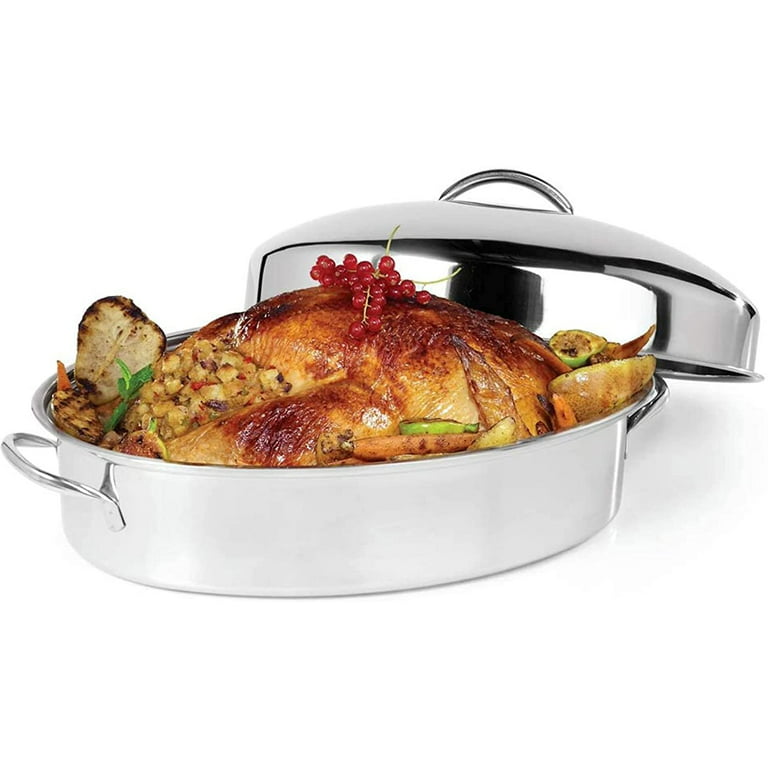 OVENTE Kitchen Oval Roasting Pan 16 Inch Baking Tray with Lid and Rack,  Silver CWR32161S
