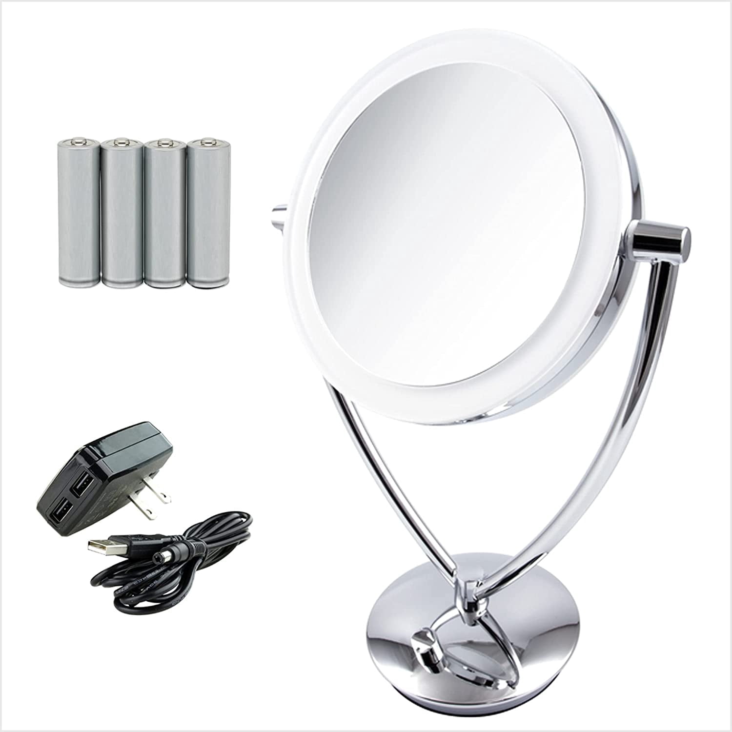OVENTE 8" Lighted Tabletop Makeup Mirror with 1X/5X Magnification, Double-Sided Magnifying Vanity Mirror, Dimmable LED Lights, 360° Swivel Design and Dual Power Supply, Polished Chrome MLT75CH1X5X