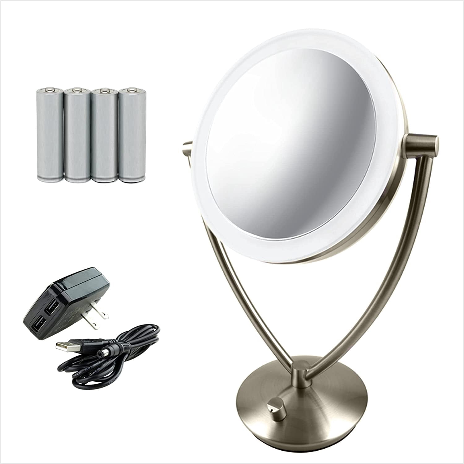 OVENTE LED Lighted Makeup Mirror 7.5 Inch Table Top 1X 5X Magnifier Dimmable illuminated Adjustable Circle 360 Degree Double Sided Acrylic Edge Battery USB Operated Large Nickel Brushed MLT75BR1X5X