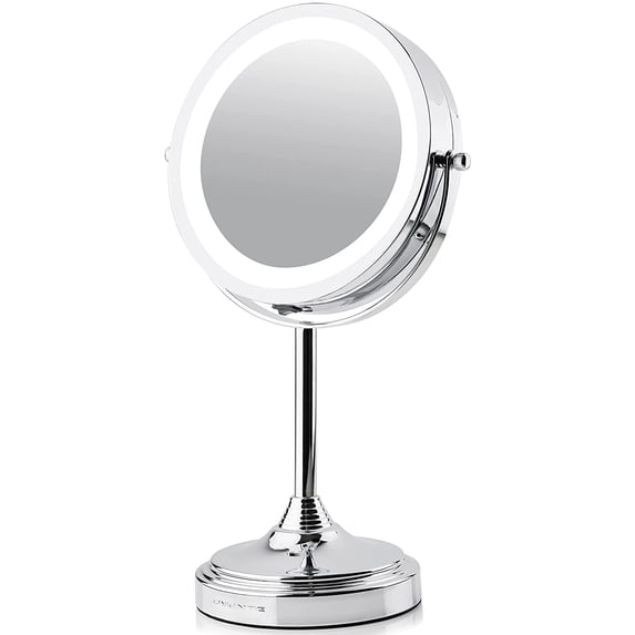 OVENTE 7'' Lighted Makeup Mirror with 1X/7X Magnification, Cordless Tabletop Mount Vanity Mirror with 360° Swivel Design & Double Sided Glow Cosmetic White LED Ring Light, Polished Chrome MCT70CH1X7X
