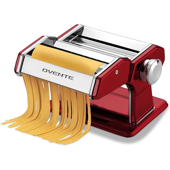 OVENTE Pasta Maker Machine with 7 Adjustable Thickness Settings, Rollers and Cutter, Classic Stainless Steel Manual Noodle Maker for Spaghetti, Fettuccini, Lasagna or Dumpling Skin, Red PA515R