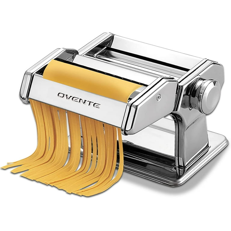 OVENTE Manual Stainless Steel Pasta Maker Machine and 7 Thickness Setting  (0.5 to 3 mm), Easy Cleaning & Storage with Attachments of Hand Crank  Roller Noodle Cutter & Countertop Clamp, Silver PA515S 