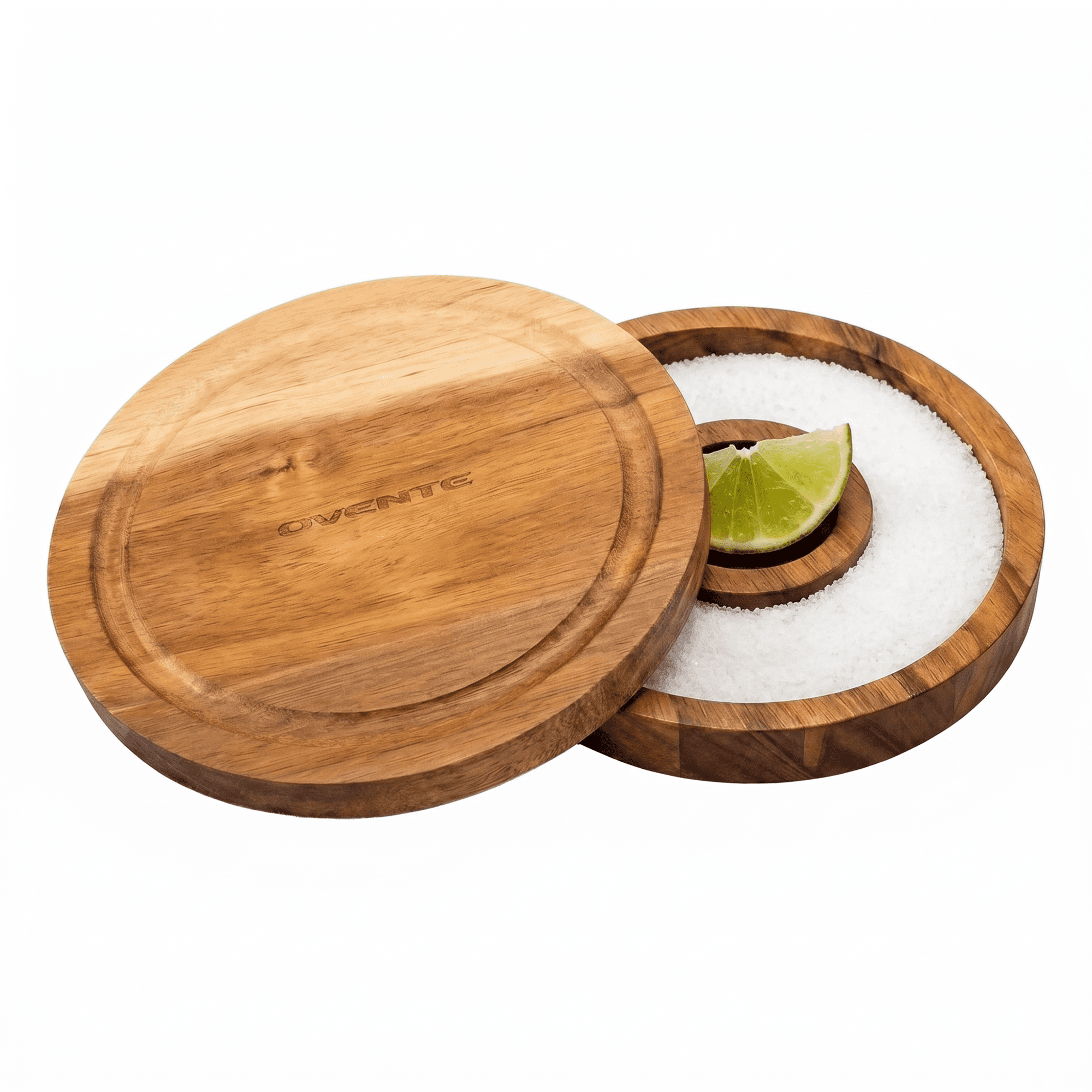 OVENTE Margarita Salt and Sugar Rimmer with Lid, Brown AWCR616B | Acacia Wood Glass Rimmer for Cocktail Drinks, Mess-Free Bar Salt Container, Bartender Tool for Coating Mojito & More