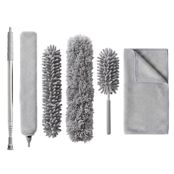 OVENTE Microfiber Duster Cleaning Set, Extendable Handle, Grey CTD1526GY | Stainless Steel Pole Up to 96", Washable, Reusable & Bendable Dusters for High Ceiling Fans, Blinds, Cobwebs & More