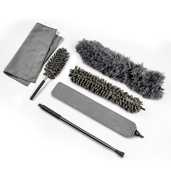 OVENTE Microfiber Feather Duster, Chenille Duster and Microfiber Cloth with Stainless Steel Long Extension Pole, Washable and Reusable Cleaning Set for High Ceiling, Blinds & Furniture Grey CTD1526GY