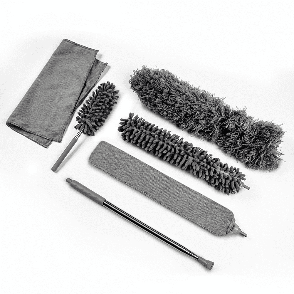 OVENTE Microfiber Duster Cleaning Set with Stainless Steel Extension Pole Up to 96", Washable, Reusable and Bendable Dusters for High Ceiling Fans, Blinds, Furniture, Cobweb and Cars, Grey CTD1526GY