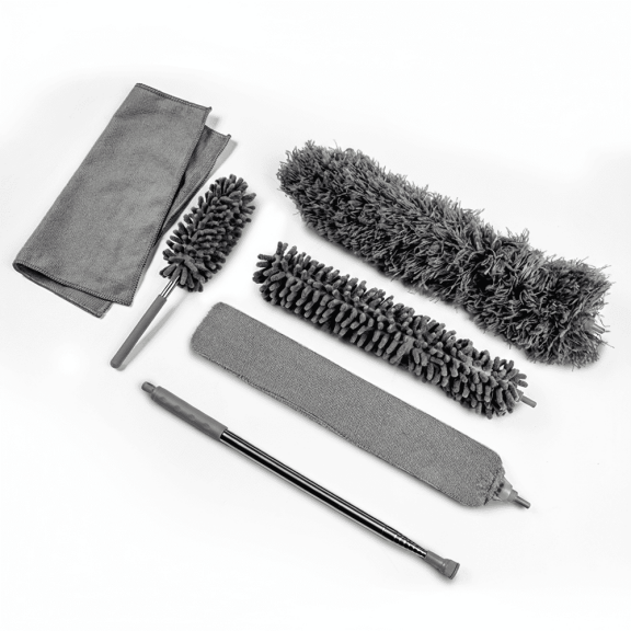 OVENTE Microfiber Duster Cleaning Set with Stainless Steel Extension Pole Up to 96", Washable, Reusable and Bendable Dusters for High Ceiling Fans, Blinds, Furniture, Cobweb and Cars, Grey CTD1526GY