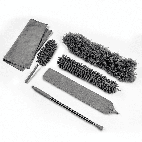 OVENTE Microfiber Feather Duster, Chenille Duster and Microfiber Cloth with Stainless Steel Long Extension Pole, Washable and Reusable Cleaning Set for High Ceiling, Blinds & Furniture Grey CTD1526GY