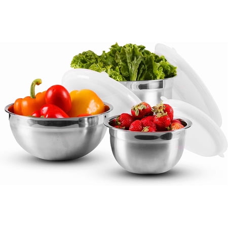 OVENTE Mixing Bowl Set with Lids, 3-Piece Stainless Steel Nesting Bowls for Easy Food Storage, Stackable Design, Kitchen Essential for Baking, Cooking and Prepping, Size 5, 3.5, 1.5QT, Silver BM46333