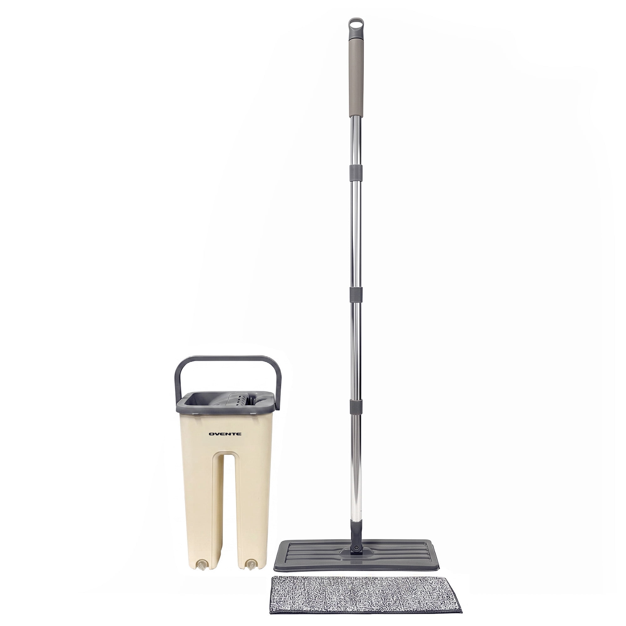 OVENTE Mop and Bucket Wringer Set, Washable Microfiber Pad, Beige MBP32BGG | 360° Rotating Head, Hands-Free Self-Cleaning Flat Floor Mop, Home Cleaner for Smooth Wall, Hardwood, Tile, Glass & More