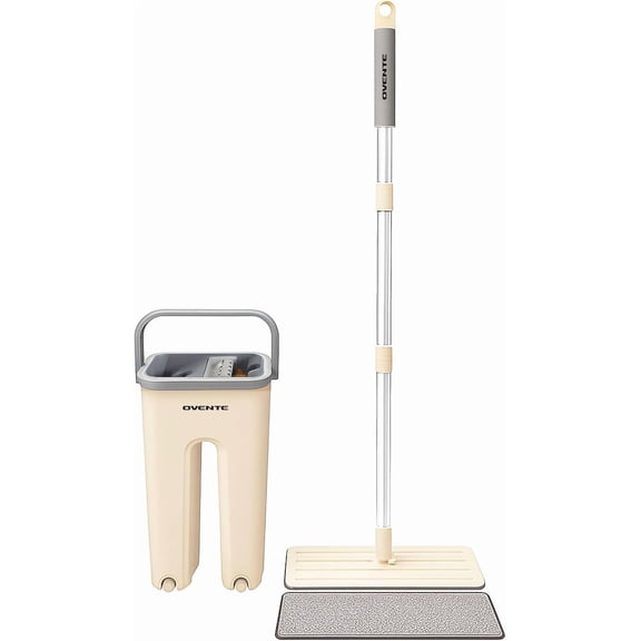 OVENTE Mop and Bucket with Wringer Set, Hands-Free Self-Cleaning Flat Floor Mop with Washable Microfiber Pad, Home Cleaner for Smooth Wall, Hardwood, Tile, Laminate and Glass Windows, Beige MBP32BGG