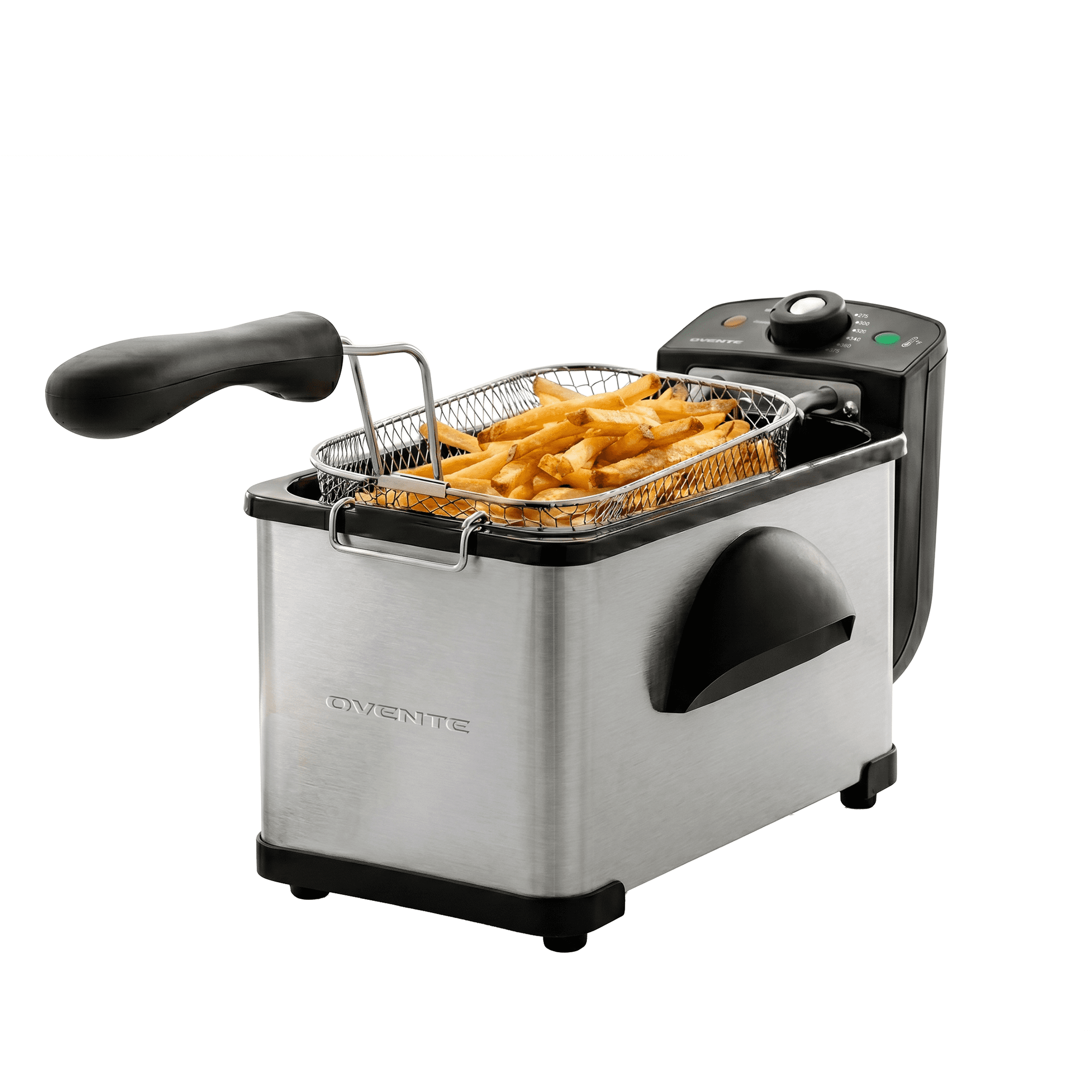 OVENTE Electric Deep Fryer 2L Capacity, 1500 Watt Lid with Viewing Window and Odor Filter, Adjustable Temperature, Removable Frying Basket and Easy to Clean Stainless Steel Body, Silver FDM2201BR