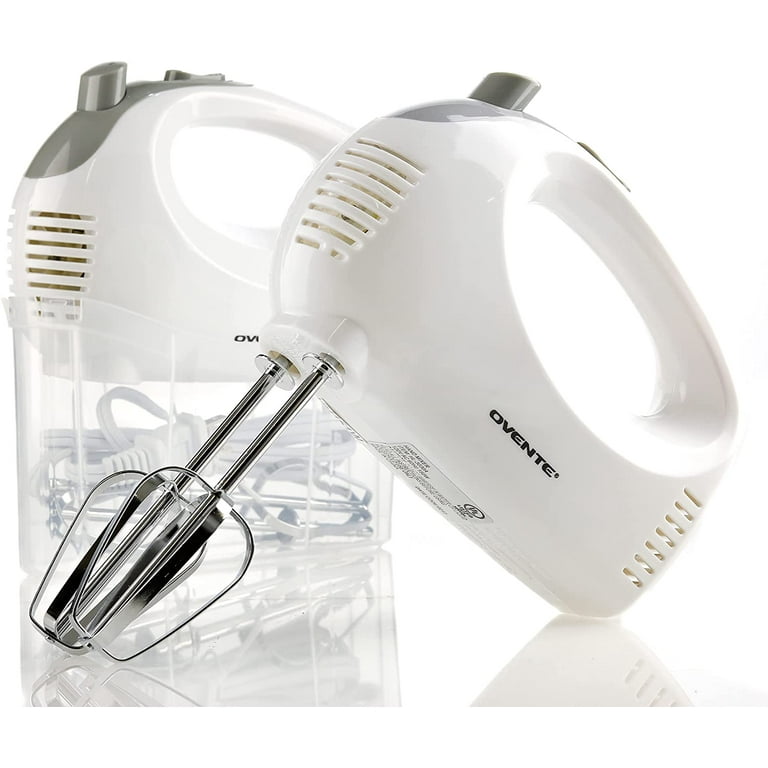 OVENTE Portable 5 Speed Mixing Electric Hand Mixer with Stainless Steel  Whisk Beater Attachments & Snap Storage Case, Compact Lightweight 150 Watt