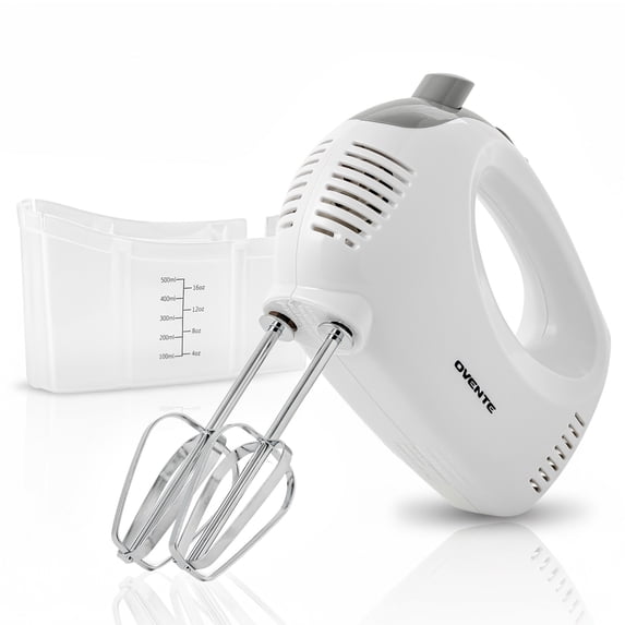OVENTE Portable 5 Speed Mixing Electric Hand Mixer with Stainless Steel Whisk Beater Attachments & Snap Storage Case, Compact Lightweight 150 Watt Powerful Blender for Baking & Cooking, White HM151W