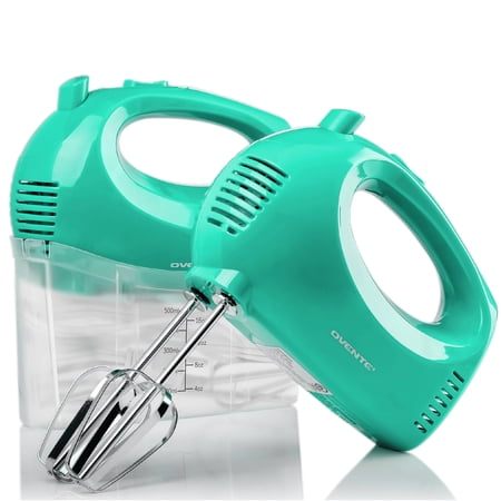 OVENTE Portable 5 Speed Mixing Electric Hand Mixer with Stainless Steel Whisk Beater Attachments Storage Case, Compact Lightweight 150 Watt Powerful Blender for Baking & Cooking, Turquoise HM151T
