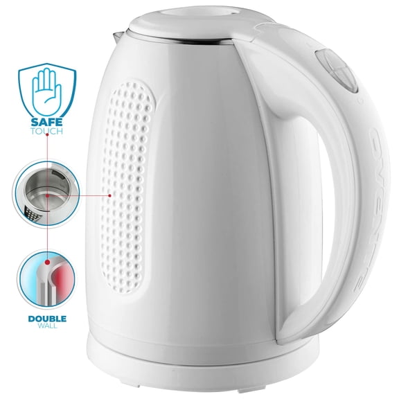OVENTE Portable Electric Kettle Stainless Steel Instant Hot Water Boiler Heater 1.7 Liter 1100W Double Wall Insulated Fast Boiling with Automatic Shut Off for Coffee Tea & Cold Drinks, White KD64W