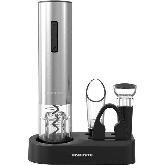 OVENTE Rechargeable Wine Opener Set WBR446S  Cordless Corkscrew with Base, Foil Cutter, Pourer and Stopper.  Sleek silver gift for home bar, parties, holidays & wine lovers.
