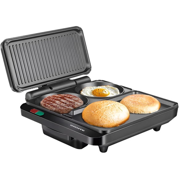 OVENTE Sandwich Maker and Hamburger Grill Machine with Non-Stick Griddle and Griller Plate, 1000W Electric Multipurpose Breakfast Station for Sandwiches, Burgers, Egg Muffin & Pancakes, Black HMG111B