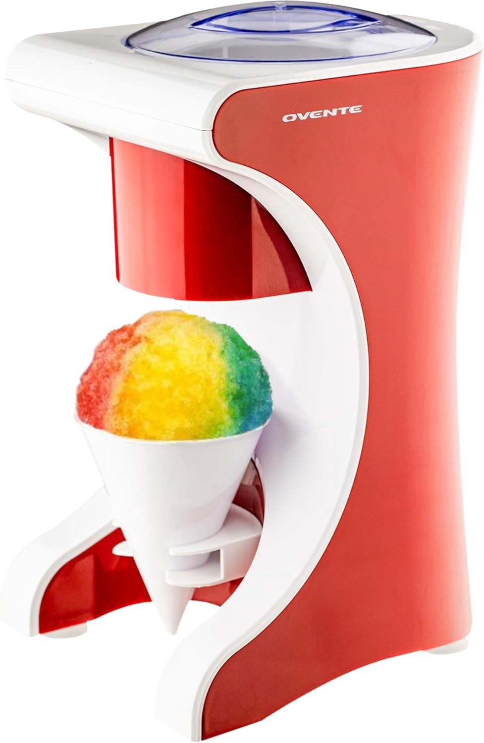 OVENTE Shaved Ice Snow Cone Machine with Reusable Plastic Cup, Non-Slip Mat and Stainless Steel Blade, Kitchen Countertop Slushie Machine for Homemade Snowballs, Frozen Cocktails & More, Red ICR1505R