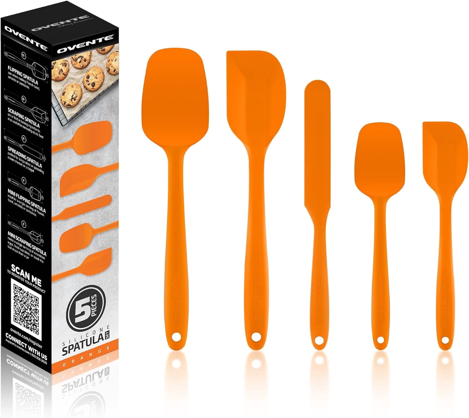 OVENTE Silicone Spatula Set of 5, Food Grade Rubber Spatula with High Heat Resistant, BPA-Free and Dishwasher Safe, Nonstick Kitchen Utensils for Baking, Cooking and Mixing, Orange SP12305O