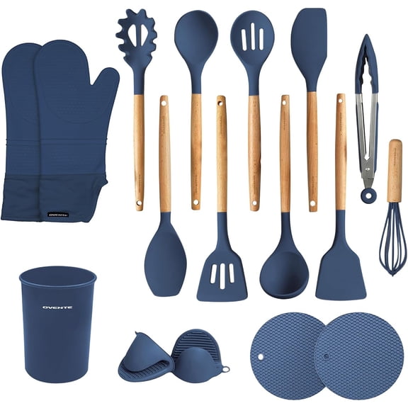 OVENTE Silicone Cooking Utensils Set, 17pcs Heat Resistant Kitchen Tools and Gadgets for Nonstick Cookware, BPA Free Spatula Set with Wooden Handle, Cup Holder, Oven Gloves and Hot Pads, Blue SPS17BL