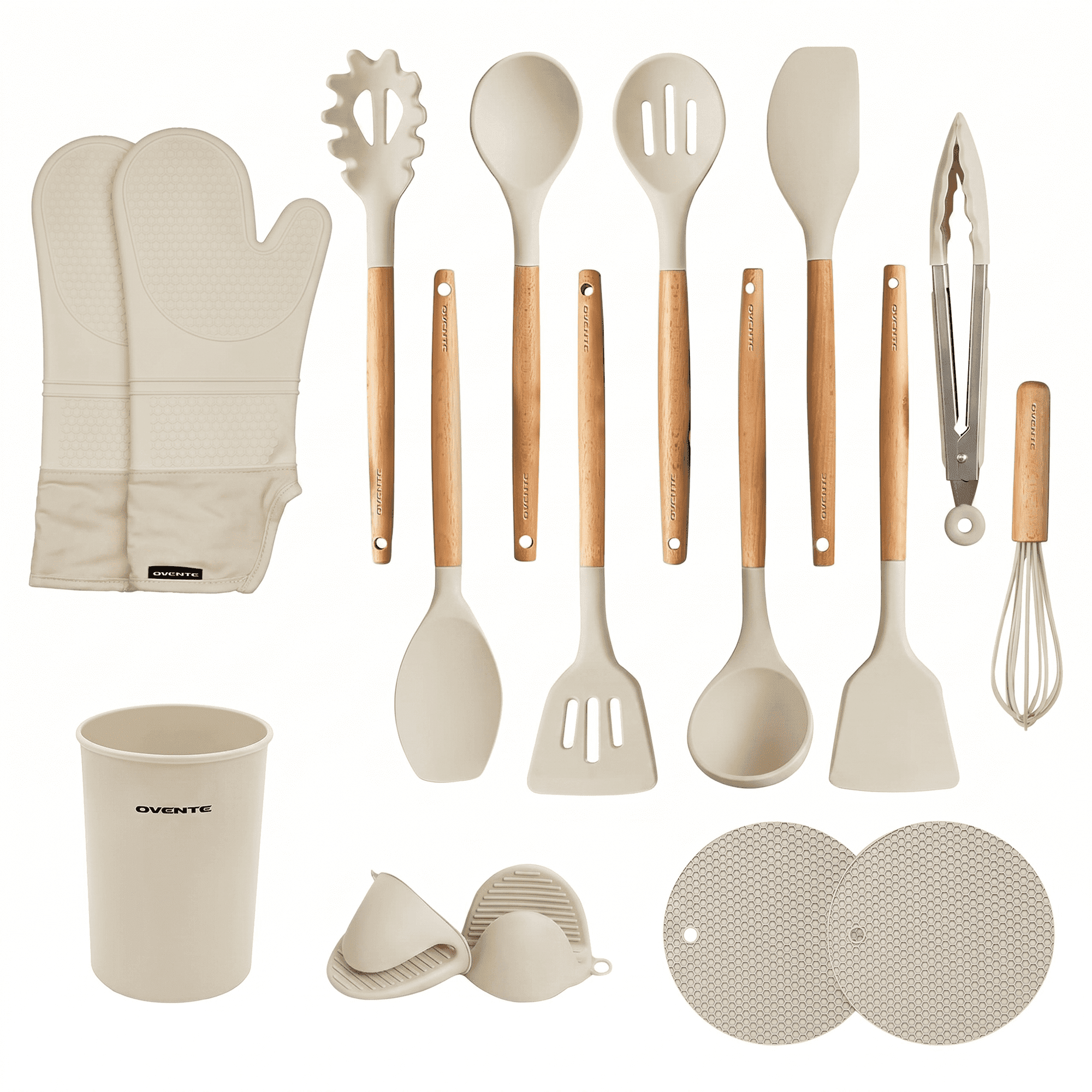 OVENTE Silicone Cooking Utensils Set, 17pcs, Heat Resistant, Cream SPS17CR | Kitchen Tools & Gadgets for Nonstick Cookware, BPA-Free Spatula Set with Wooden Handle, Cup Holder, Oven Gloves & Hot Pads