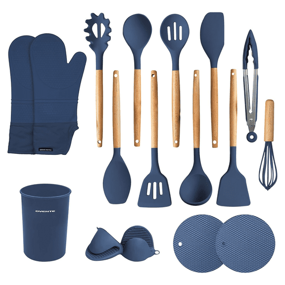OVENTE Silicone Cooking Utensils Set, 17pcs Heat Resistant Kitchen Tools and Gadgets for Nonstick Cookware, BPA Free Spatula Set with Wooden Handle, Cup Holder, Oven Gloves and Hot Pads, Blue SPS17BL