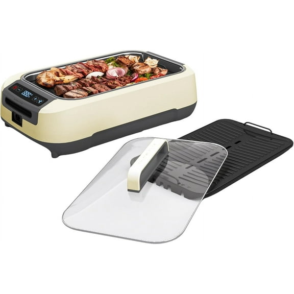 OVENTE Smokeless Indoor Electric Grill with 15x9 Inch Non-Stick Grill & Griddle Plate, White SGR85W