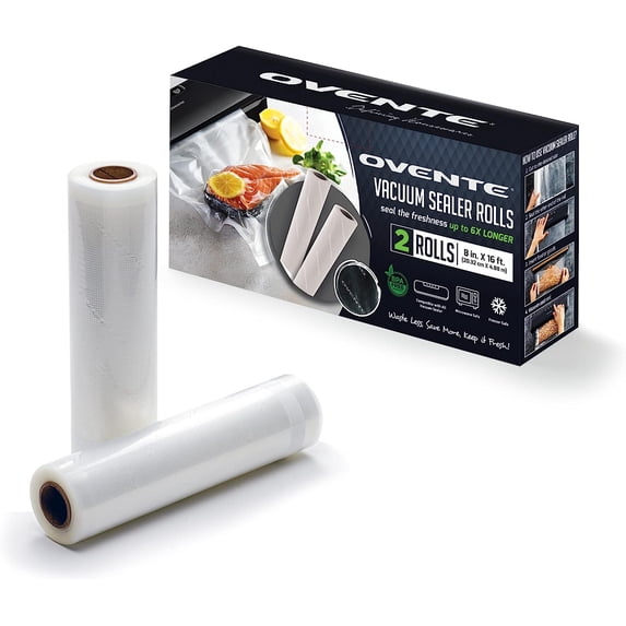 OVENTE Vacuum Sealer Roll 8” x 16’ Heavy Duty Food Grade Plastic, Airtight, Pack of 2 ACPSVRQ0816