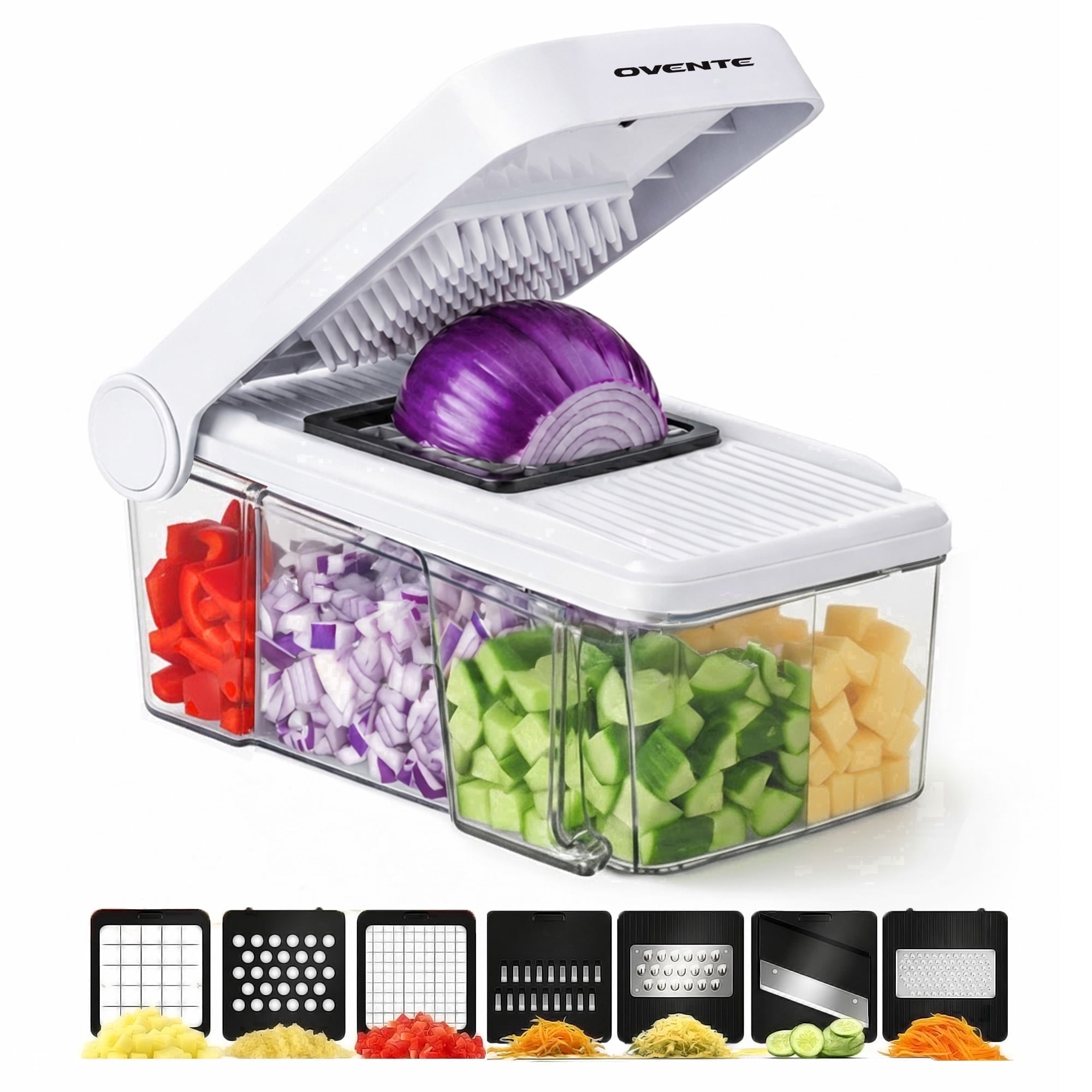 OVENTE Vegetable Chopper and Mandoline Slicer, 7-in-1 Multifunctional Kitchen Gadget & Food Cutter for Fruit, Onion, Potato, Cucumber, Cheese Grater, Veggie Spiralizer with Safety Gloves, White MD71W