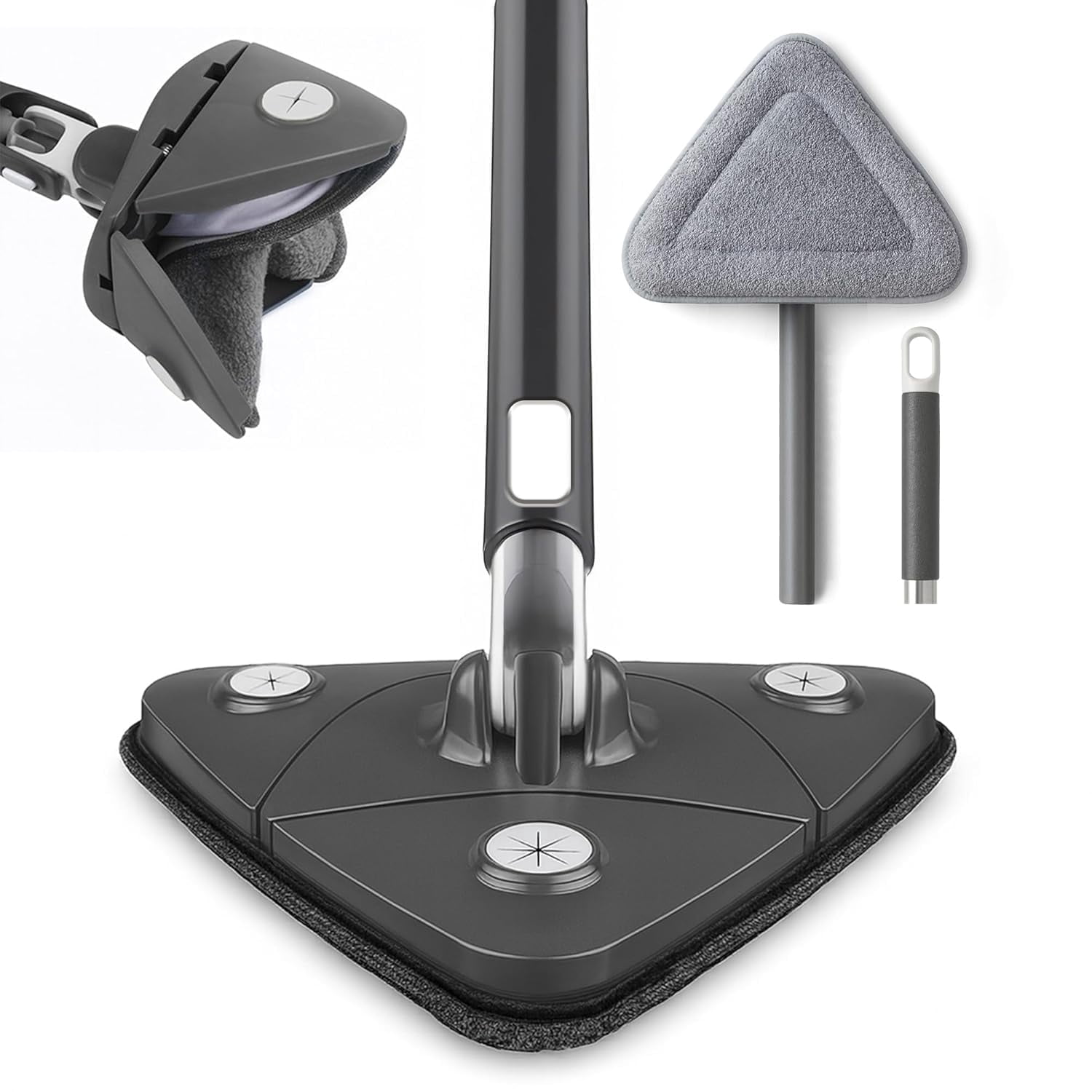 OVENTE Wall Cleaner Mop with 50" Adjustable Handle, Squeegee, Reusable and Easy to Clean Microfiber Pad, 360° Triangular Cleaning Tool Duster for Painted Walls/Baseboard/Window/Floor, Grey CTM311GY
