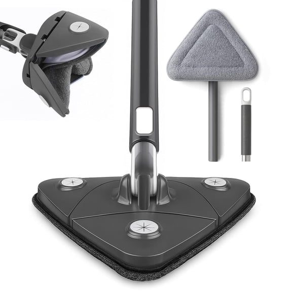 OVENTE Wall Cleaner Mop with 50" Adjustable Handle, Squeegee, Reusable and Easy to Clean Microfiber Pad, 360 Triangular Cleaning Tool Duster for Painted Walls/Baseboard/Window/Floor, Grey CTM311GY