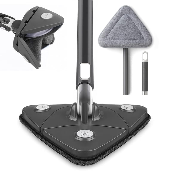 OVENTE Wall Cleaner Mop with 50" Adjustable Handle, Squeegee, Reusable and Easy to Clean Microfiber Pad, 360 Triangular Cleaning Tool Duster for Painted Walls/Baseboard/Window/Floor, Gray CTM311GY