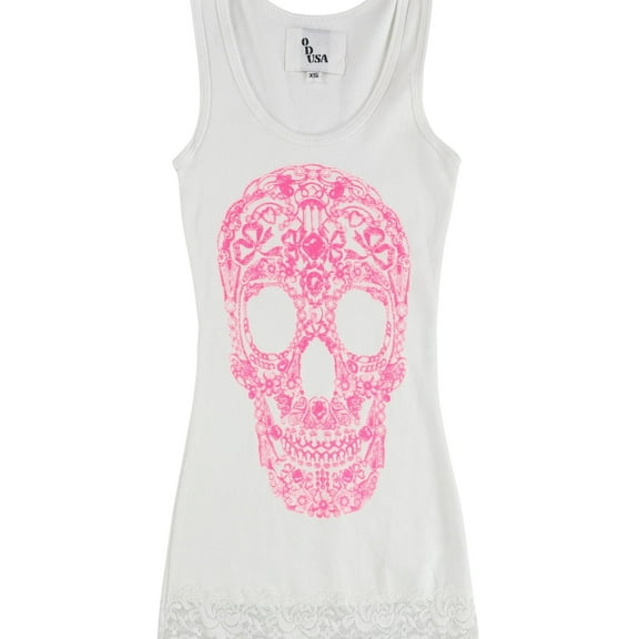 OVER DYE USA Womens Skull Graphic Lace Trim Tank Top, White, X-Small