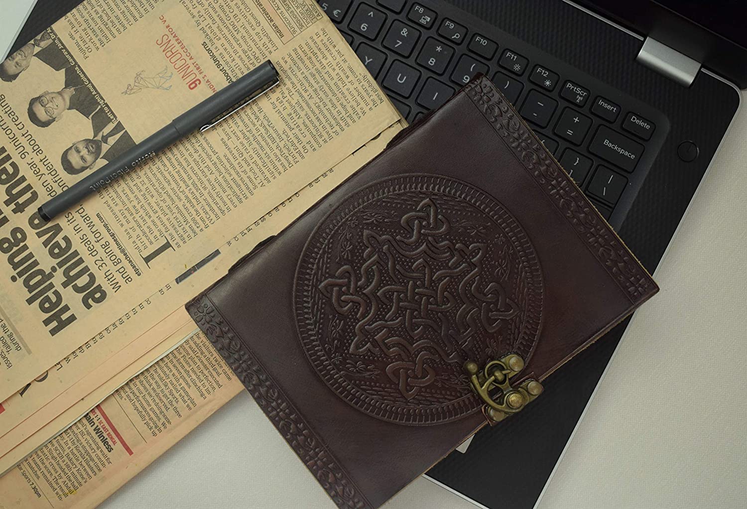 OVERDOSE Celtic Brown Leather Journal With Brass C-Lock - Handmade Journal For Students, Office Bound Leather Journal for men & women | Sketchbook| Notebook Diary - 5 x 7 inches | 12 x 17 cm | A6