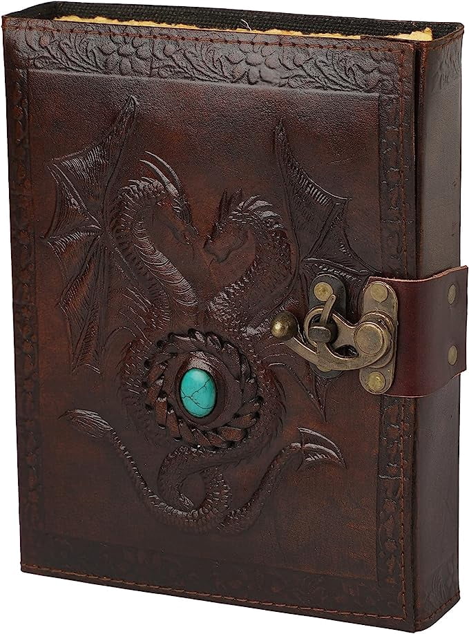 OVERDOSE Deckle Double Dragon with Stone Leather Journal - Vintage Travel Journal for Men & Women Sketch Diary Book of Shadows Handmade Vintage Deckle Edge Paper - 6 x 8 inches | 15 x 20 cm | A5