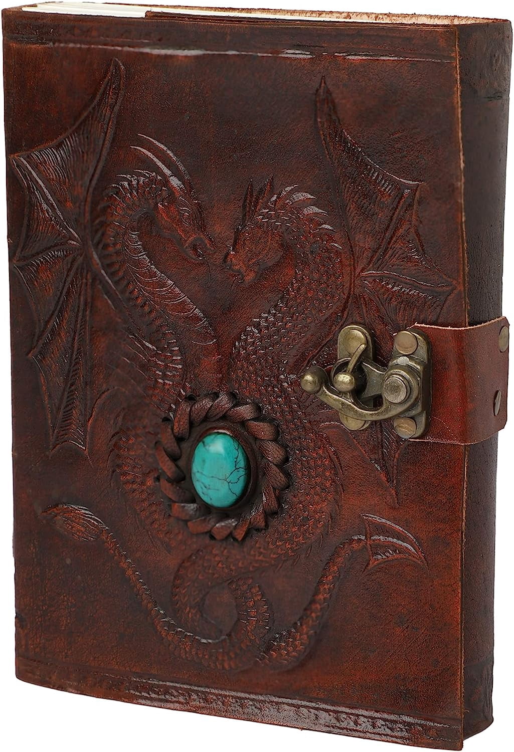 OVERDOSE Double Dragon with Stone C-Lock Leather Journal Diary Notebook - Handmade Journal For Students Office Bound Leather Journal for men & women Notebook - 5 x 7 inches | 12 x 17 cm | A6