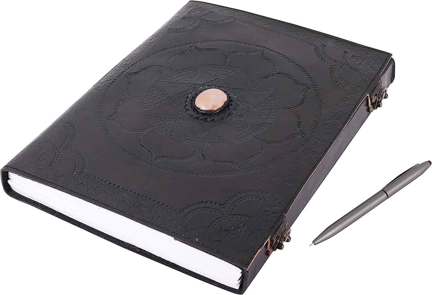 OVERDOSE Hand Embossed Stone Black Leather Journal - Handmade Antique Stone Journal For Students & Office For Men Women Diary Leather Sketchbook Drawing - Size 10 X 13 Inches | 25 X 33 cm