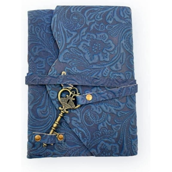 OVERDOSE Handcrafted Blue Flower Antique Journal with Treasure Key Closure - For Drawing Sketchbook Scrapbook Writing Notebook Daily Diary Notebook - (Journal Size - 5"x7" inches | 12.7 x 17.78 cm)