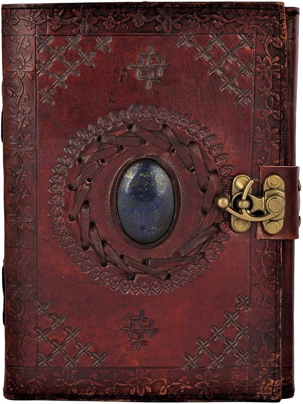 OVERDOSE LJ BROWN with Stone Leather Journal Lock - Handmade Journal For Students, Office Bound Leather Journal for men & women | Sketchbook| Notebook Diary - 5 x 7 inches | 12 x 17 cm