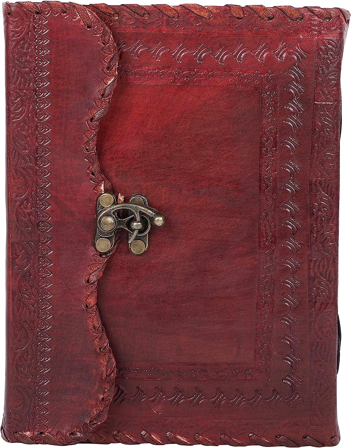 OVERDOSE Mehrab Brass C-Lock Leather Journal - Handmade Antique Stone Journal For Students, Office, Men & Women Diary Leather Sketchbook Drawing Journal Notebook - 6 X 8 Inches | 15 X 20 cm | A5