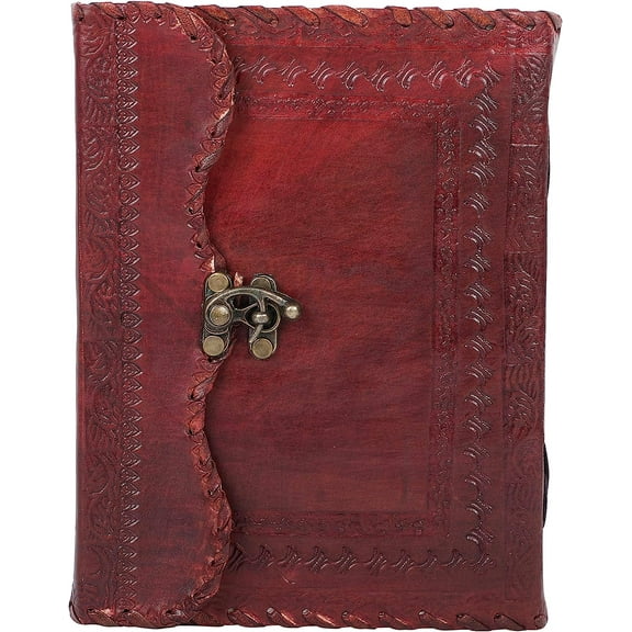 OVERDOSE Mehrab Brass C-Lock Leather Journal - Handmade Antique Stone Journal For Students, Office, Men & Women Diary Leather Sketchbook Drawing Journal Notebook - 6 X 8 Inches | 15 X 20 cm | A5