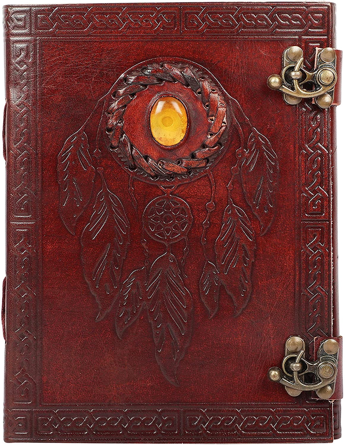 OVERDOSE Pankh with Stone/Feather with Stone Leather Journal - Handmade Antique Stone Journal For Men And Women Diary Leather Sketchbook Drawing Journal Notebook - 6 X 8 Inches | 15 X 20 cm | A5