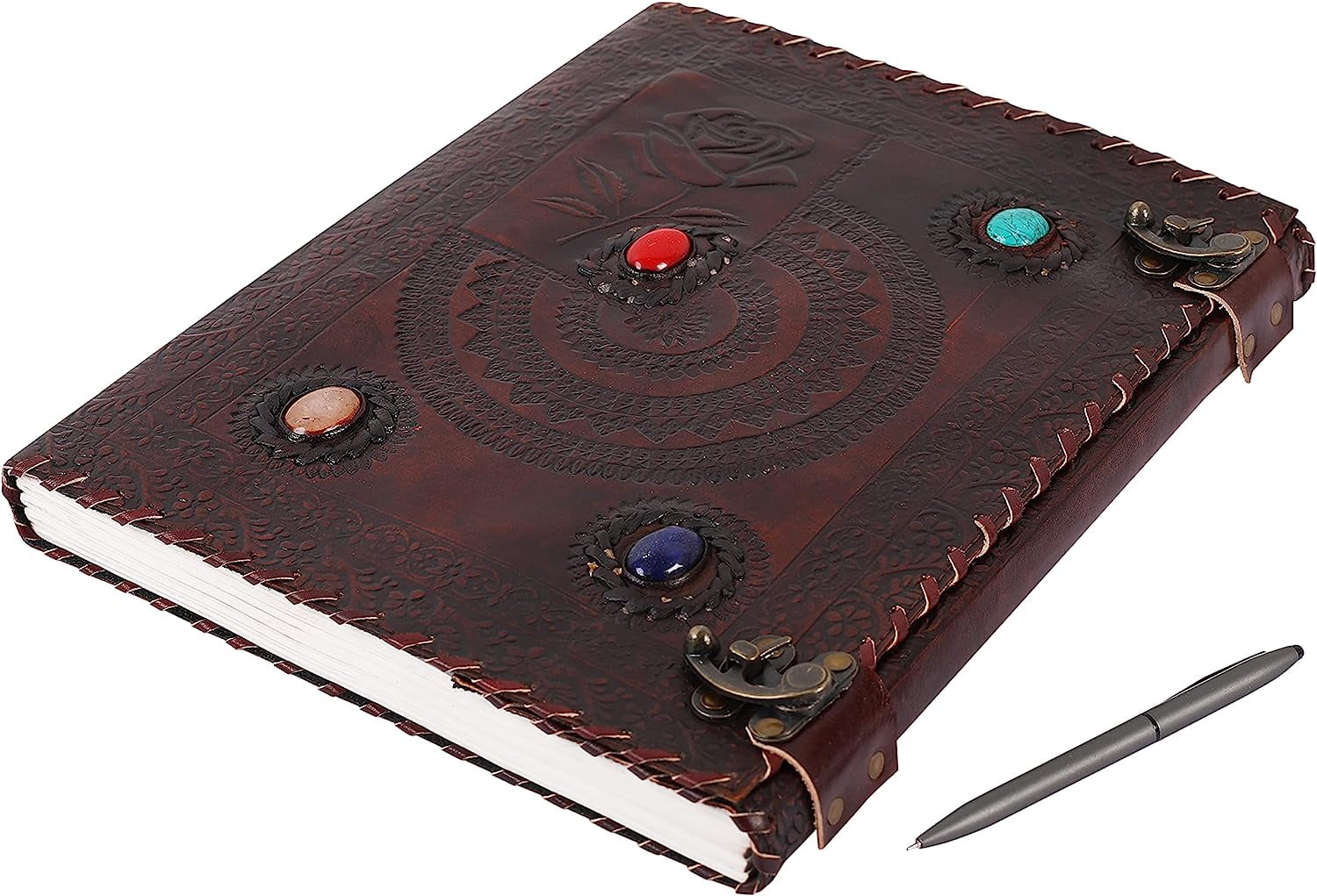 OVERDOSE Rose Chakra with 4 Stone Vintage Leather Journal - Handmade Antique Journal For Students & Office For Men Women Diary Leather Sketchbook Drawing - Size 10 X 13 Inches | 25 X 33 cm