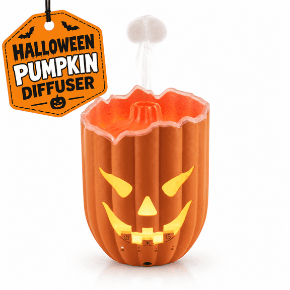 OVERFINCH Halloween Pumpkin Diffuser for Essential Oils, 300mL Jellyfish Mist, 7-Color LED Lights, Remote Control, 2/4/8H Timer, Auto Shutoff