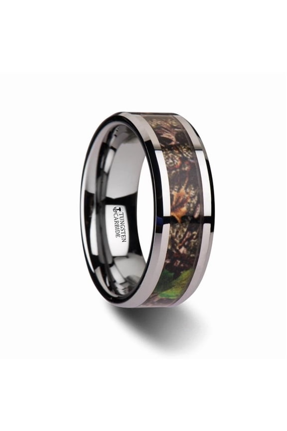 OVERGROWTH Realistic Tree Camo Tungsten Carbide Wedding Band with Green Leaves