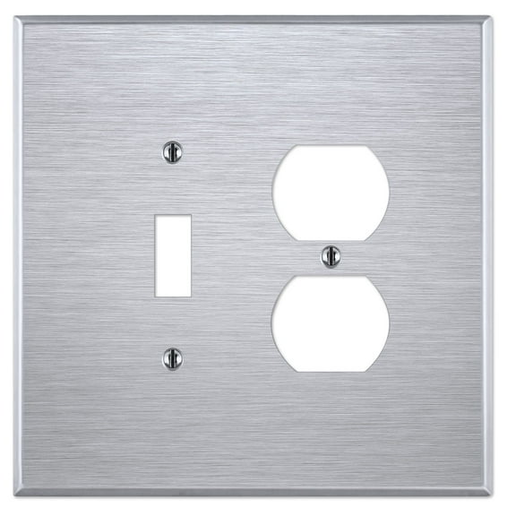 OVERSIZED 2 Gang Combo Stainless Steel Wall Plate - (1) Duplex Receptacle Outlet with (1) Toggle Combination Metal Light Switch Plate Cover, Satin Finish, Made in USA, UL Listed, 5.5" x 5.5"