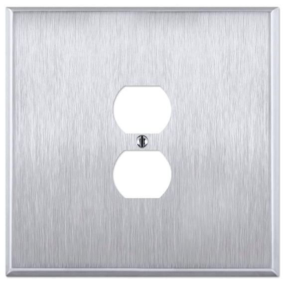 OVERSIZED Jumbo Metal Outlet Cover, 2 Gang Electrical Outlet Cover (for 1 Centered Device), Oversize Wall Plate Cover for Duplex Outlets, Brushed Stainless Steel - UL Listed, 5.5" x 5.5" - Made in USA